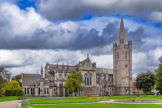 St. Patrick's Cathedral in Dublin Ireland. Scenic view of the historic gothic architecture with the public park garden