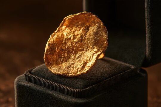 Gold nugget resting in a black velvet box, catching warm light and symbolizing wealth and luxury