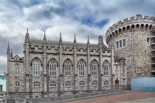 Record Tower and Chapel Royal in Dublin Castle Ireland. Historic medieval facade and gothic revival architecture