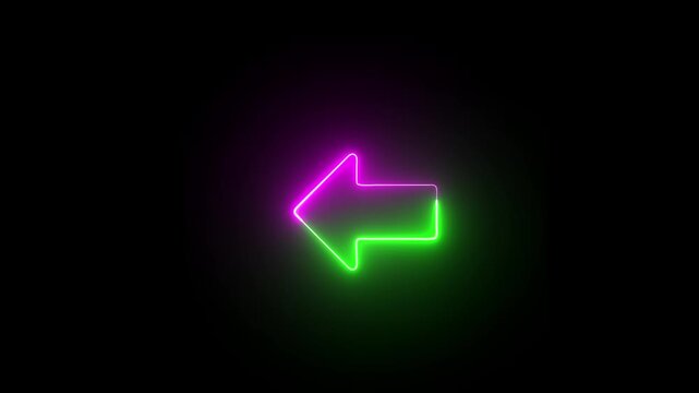 Neon glowing arrow pointing left against dark background a green and purple light symbol indicates a direction to the on black