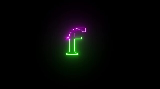 Lowercase letter f with neon purple and green glowing outline on black backdrop stylized typographic character featuring a dual color