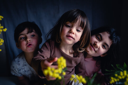 Three Sisters Exploring Yellow Wildflowers, Candid Childhood Portrait
