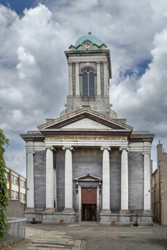 Church of St. Nicholas of Myra in Dublin Ireland. Beautiful neoclassical architecture facade under a daytime sky