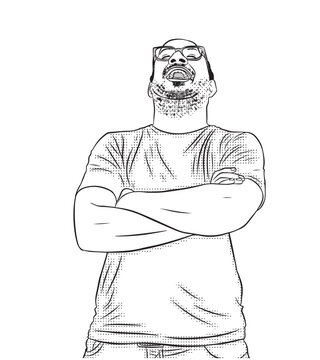 Adult man with glasses and a stubble-style beard and goatee, laughing heartily with his head tilted back. Isolated on a transparent background.