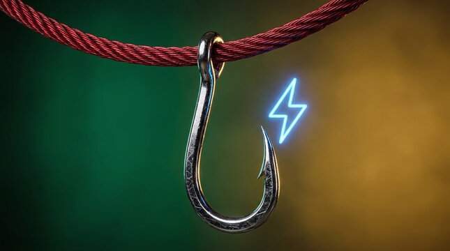 Metal fish hook hanging on red rope against moody background