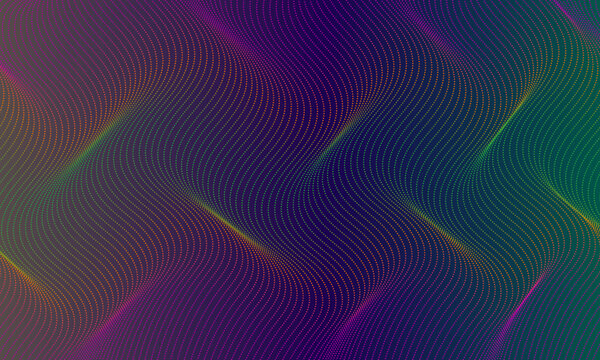 Abstract flowing wave pattern of colorful dots on a dark gradient background, digital art.