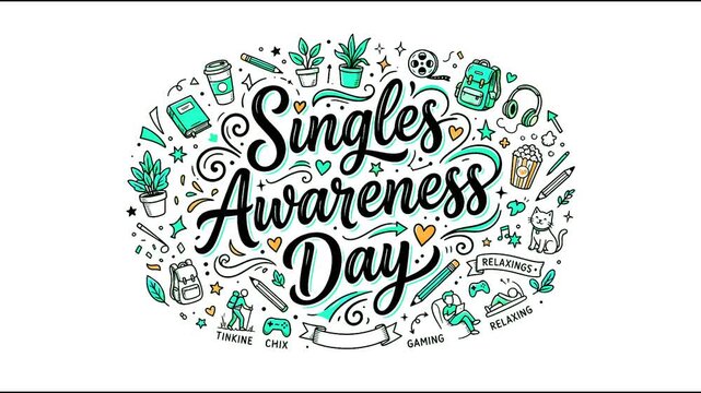 Singles Awareness Day hand drawn lettering banner with lifestyle self-care and hobby doodle elements
