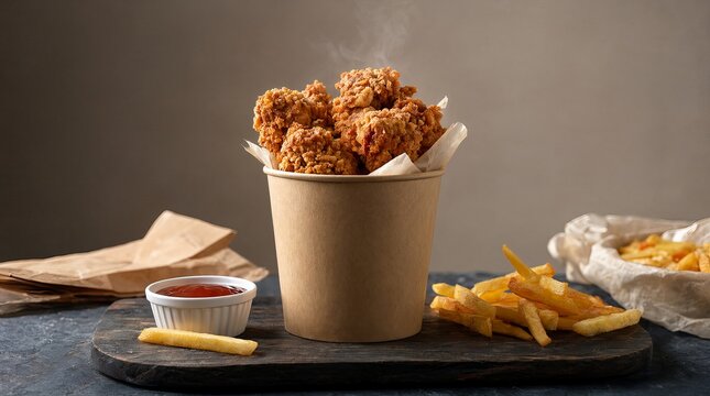 Crispy Fried Chicken Bucket with French Fries and Dipping Sauce on a Rustic Wooden Tabletop.