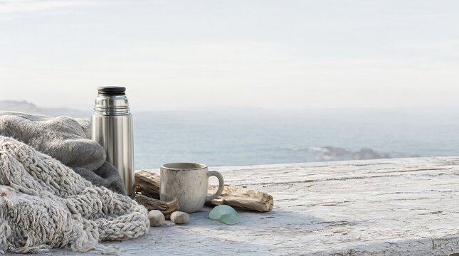 Cozy Winter Coastal Still Life With Thermal Flask And Warm Wool Blanket By The Ocean Seascape.