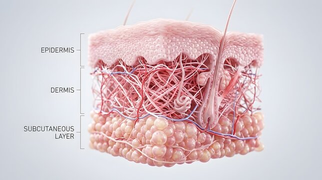 Human skin anatomy cross section diagram showing epidermis, dermis and subcutaneous layer with hair follicle and blood vessels