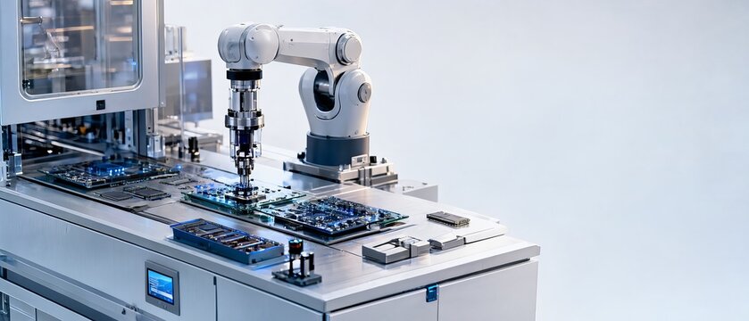 Industrial Robotic System Performing Precision Inspection On Circuit Boards In High Tech Facility