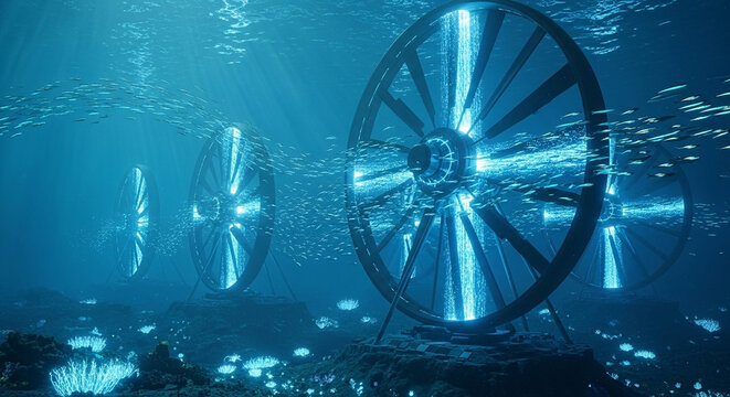 Underwater wind turbine wheels with light trails in deep blue ocean