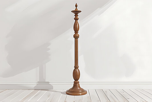 A tall, ornate wooden coat rack stand with a turned spindle standing on a white wooden floor against a plain white wall with soft shadows