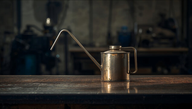 A vintage brass oil can with a long, thin spout sitting on a dark, worn wooden workbench inside a dimly lit, rustic industrial workshop space