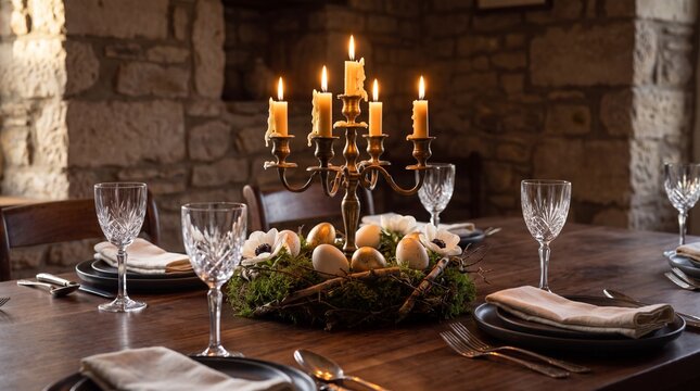 Candlelit rustic Easter dinner table with antique brass candelabra, moss egg wreath centerpiece, and white anemones in stone cottage