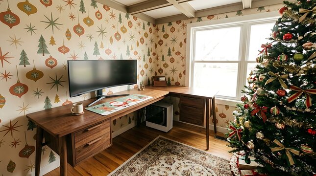 Cozy home office workspace with a large computer monitor and decorated christmas tree in a room with festive wallpaper and warm natural lighting