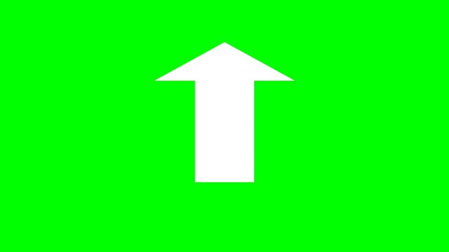 White arrow pointing up bouncing on green screen background, chroma key overlay