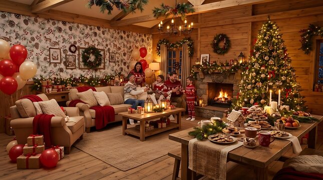 Cozy living room decorated for christmas with a glowing fireplace and decorated tree with presents on the floor during a festive holiday evening