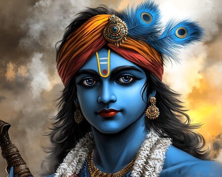 Divine Portrait of Youthful Deity with Ornate Attire