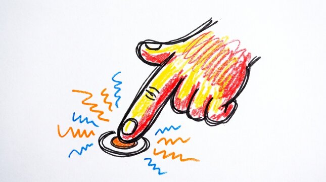 Colorful hand drawn illustration of a finger pushing a small round button with energy