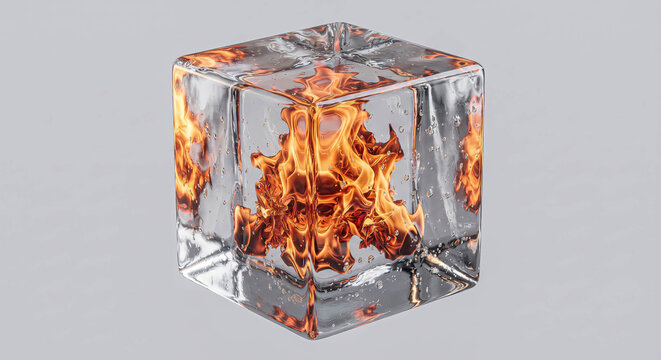 Flames burn inside a transparent ice cube. Hot fire contrasts with cold glass structure. Steam rises from melting ice edges. Visual symbol for contradiction or balance. Ideal for themes of conflict