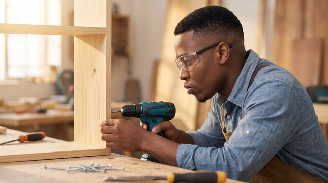 Worker with cordless screwdriver assembling a pine wood shelf in a sunny carpentry workshop, wearing safety glasses. Skilled craftsmanship, furniture making and handmade business