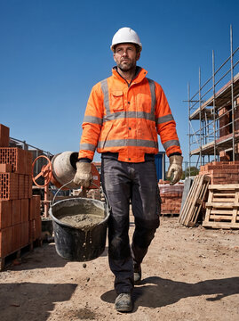 Worker carrying mixing bucket of wet mortar across a sunny building site in orange hi-vis jacket and hard hat. Determined hard work for bricklaying, construction and recruitment concepts