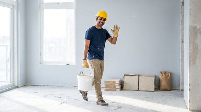 Cheerful worker carrying mixing bucket and waving at the camera inside an empty apartment under renovation. Friendly teamwork for interior finishing and recruitment concepts