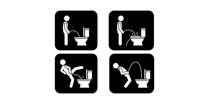 Black bathroom etiquette sign set illustrating improper and correct toilet usage manners for public restroom signage.