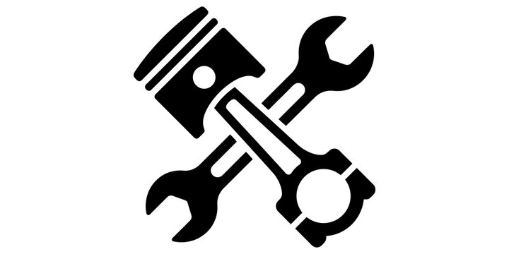 Automotive engine piston combined with mechanical wrench tools representing car repair service and workshop logo icon.