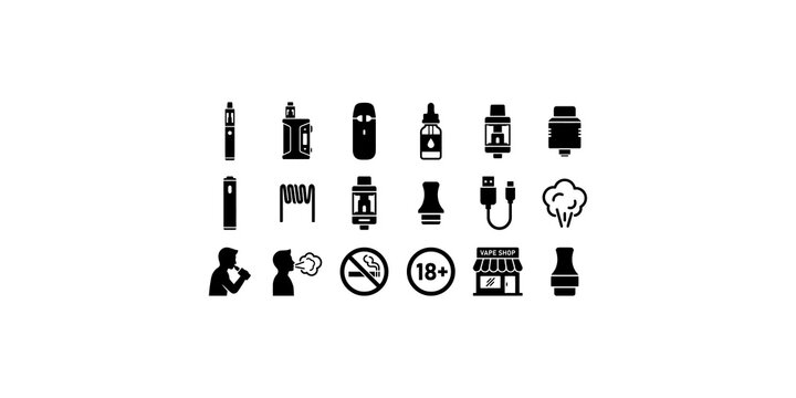 Set of vape related black icons covering devices accessories equipment health signs and shop elements for vaping use.