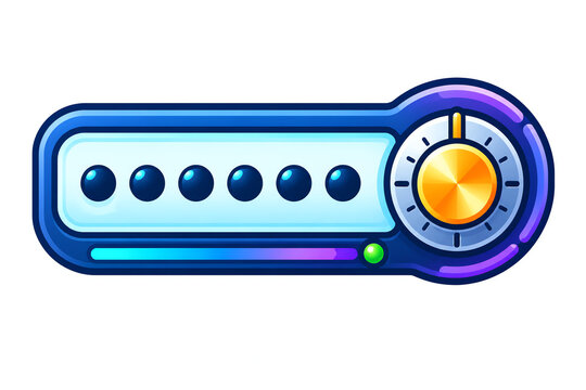 Digital video game user interface element featuring a blue control panel with buttons and a circular dial