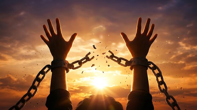 Silhouette of a person with broken chains on their hands raised toward the bright sunset sky representing freedom