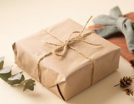 Eco friendly gift box wrapped in brown paper with twine string on a neutral beige background