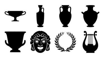 Ancient Greek objects silhouettes set with amphora, kraters, mask and lyre for history and culture © Pavel