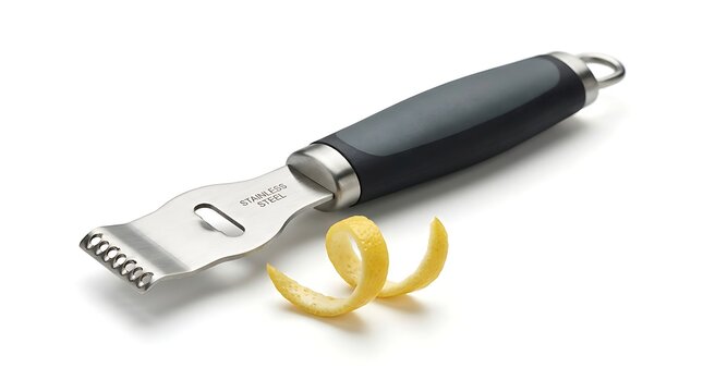 Zester citrus peeler with lemon zest curl on white background