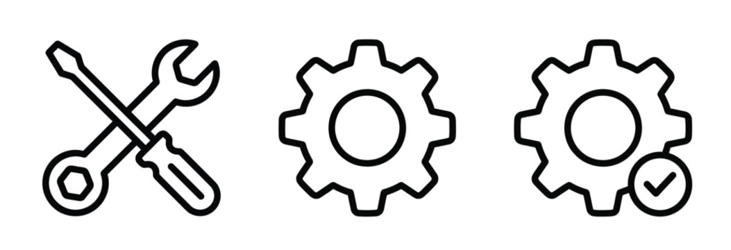 Minimalist settings linear icons set, technical support repair tool vectors, line art gear mechanical symbols for interface design