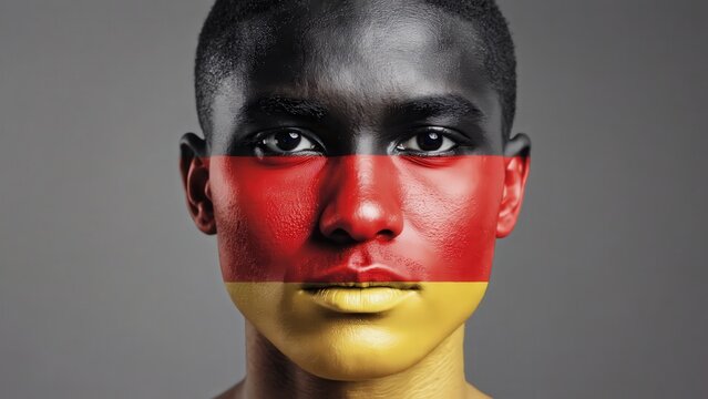 Portrait of a young man with German flag face paint, representing diversity, identity, and national pride. Stock photo.