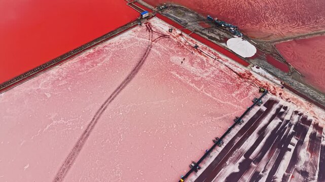 Salt extraction takes place in large pink ponds, with channels and raised roads separating the water at an industrial site during daylight.