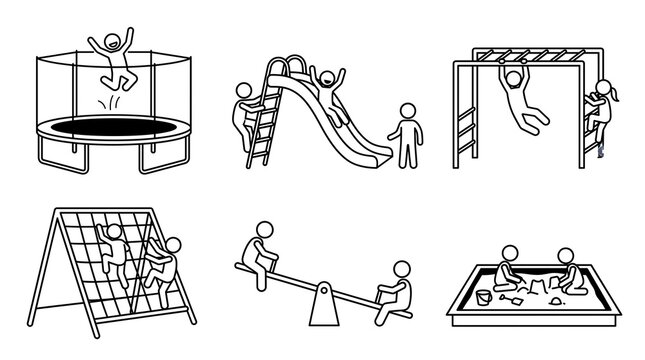 Playground equipment icons set, stick figure children playing on slide and trampoline, outdoor park activity symbols