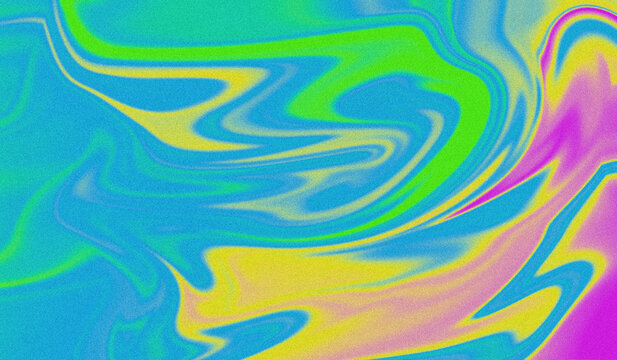 Abstract liquid background with vibrant flowing colors, featuring a grainy texture and psychedelic marble effect in shades of blue, green, yellow, and pink for modern digital art designs