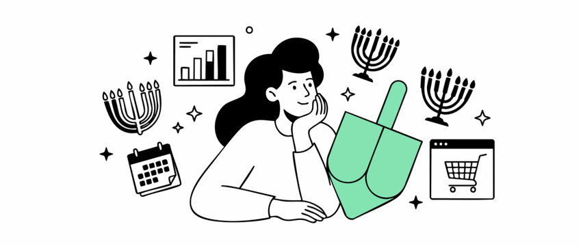 Hanukkah holiday shopping woman with green dreidel and menorah planning seasonal e-commerce sales. Jewish festive preparation concept featuring calendar, data chart, and online retail cart vector art.