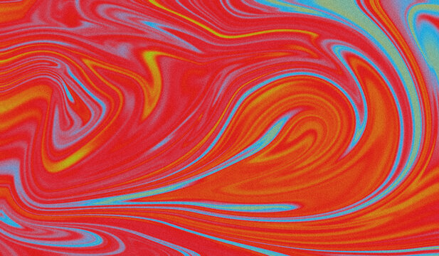 Abstract liquid marble texture with vibrant red, orange, and blue swirling colors, creating a psychedelic fluid background with a grainy, retro aesthetic for modern digital art and design projects