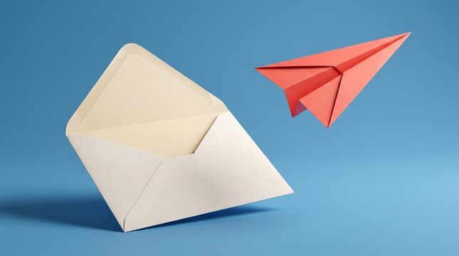 Email Marketing and Business Communication with a Red Paper Plane Flying from an Open Envelope