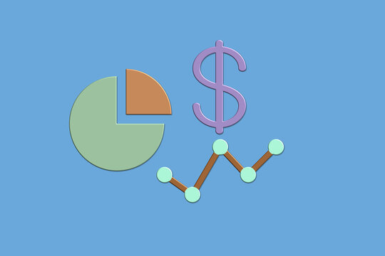 Pie chart, dollar sign, and rising line graph represent financial data and economic growth