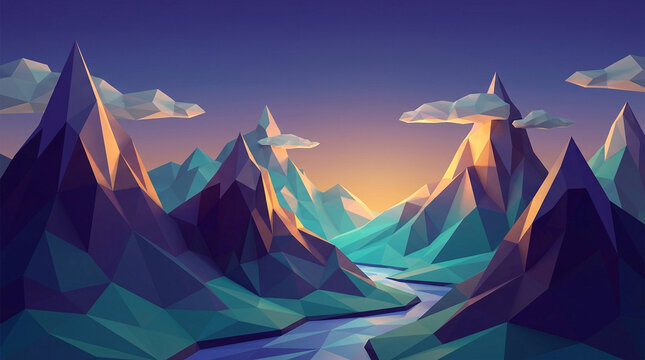 Low poly mountains rise sharply beneath a purple evening sky with glowing amber sunlight.