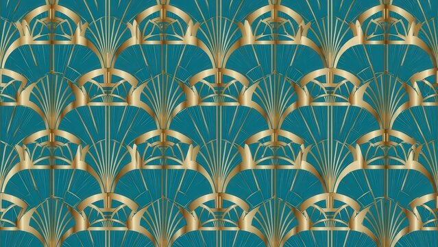 Art Deco Seamless Pattern: Teal Background with Gold Fan Motif - Elegant Decorative Design for Textiles and Wallpaper