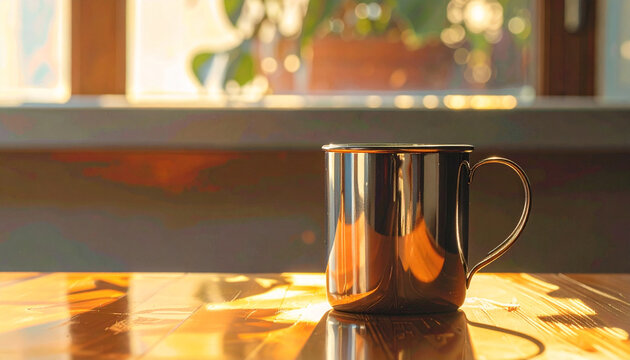Shiny metallic mug with golden handle in warm sunlight