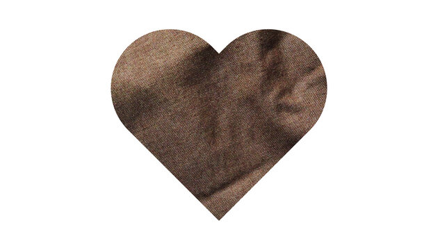 Brown fabric heart shape isolated on transparent background with textured textile surface