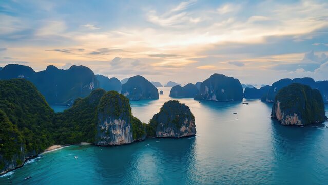 Aerial view of Ha Long Bay, Vietnam: Limestone karsts rise from turquoise waters at sunset, showcasing stunning natural beauty.